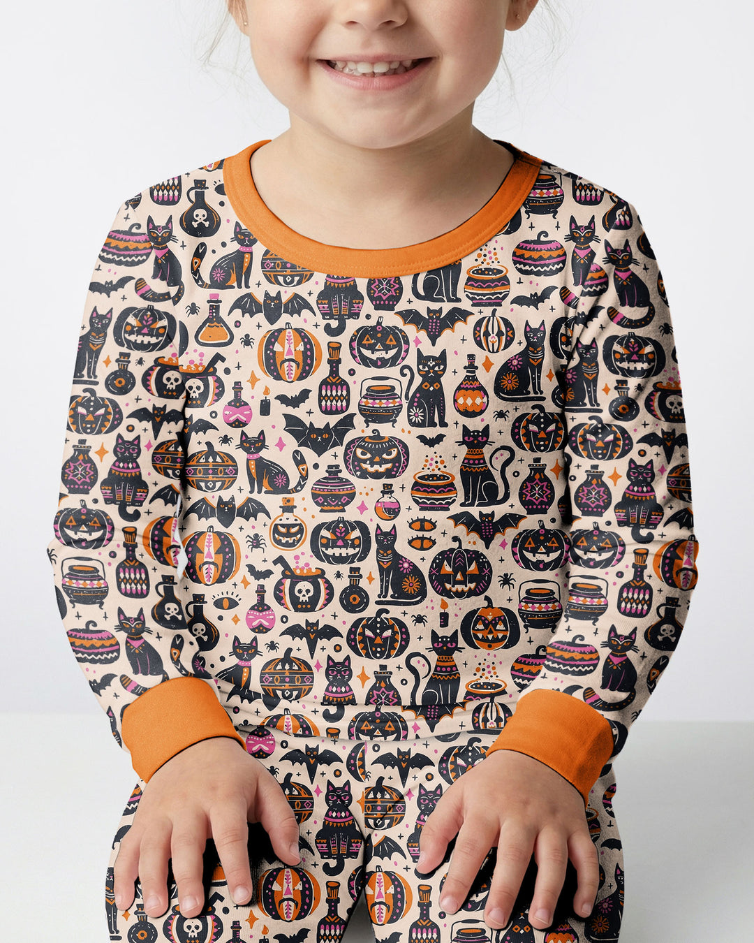 Whimsical Tribal Retro Halloween Black Cats Pumpkins Bamboo Two Piece Long Sleeve Pajama Set