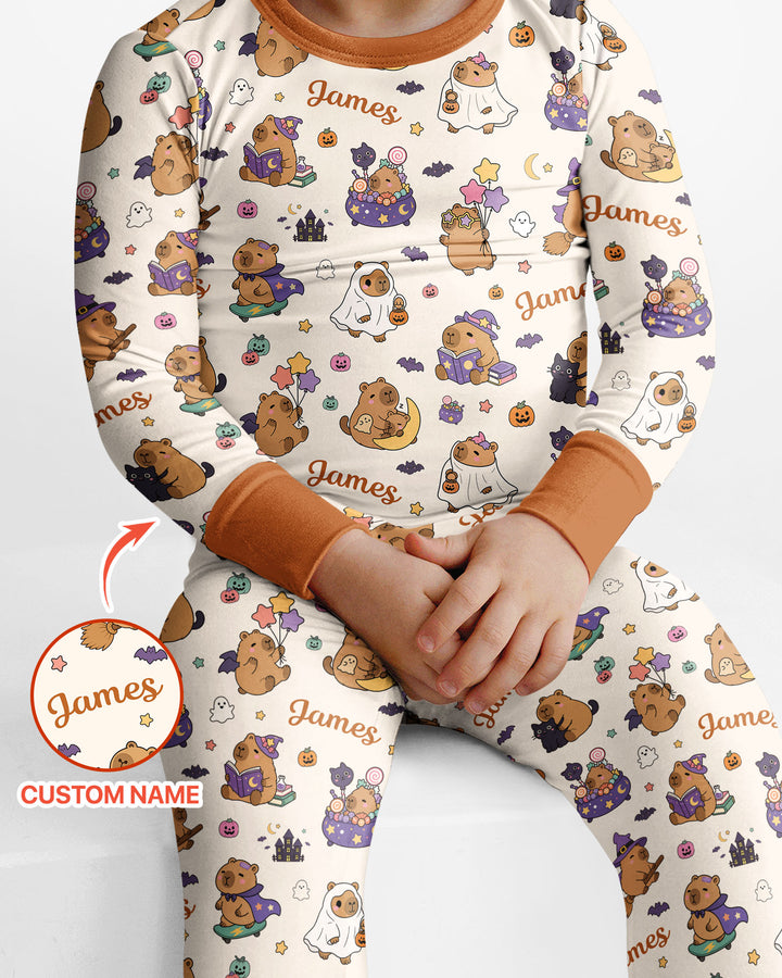 Custom Name Kawaii Halloween Capybara Bamboo Two Piece Long Sleeve Pajama Set