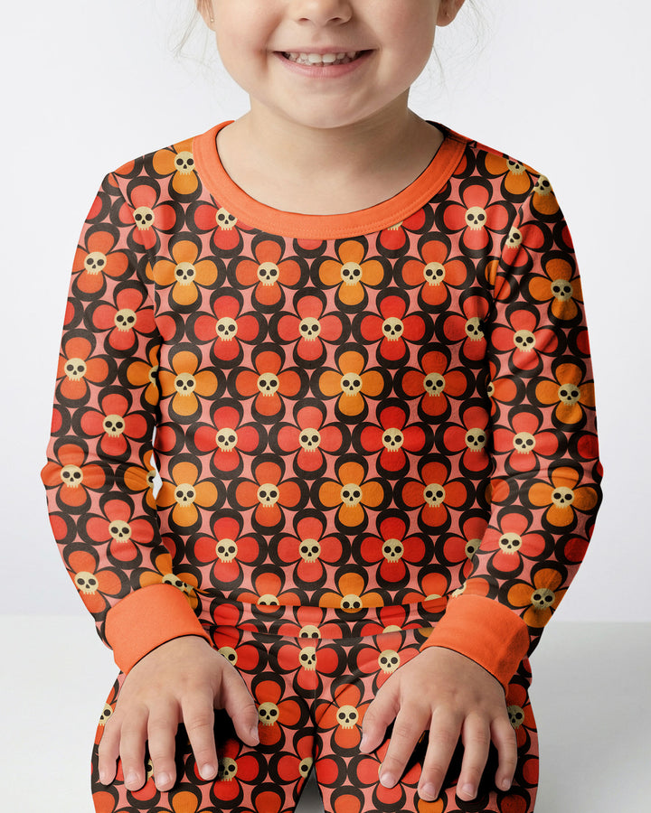 Retro Skull Flower Halloween Bamboo Two Piece Long Sleeve Pajama Set