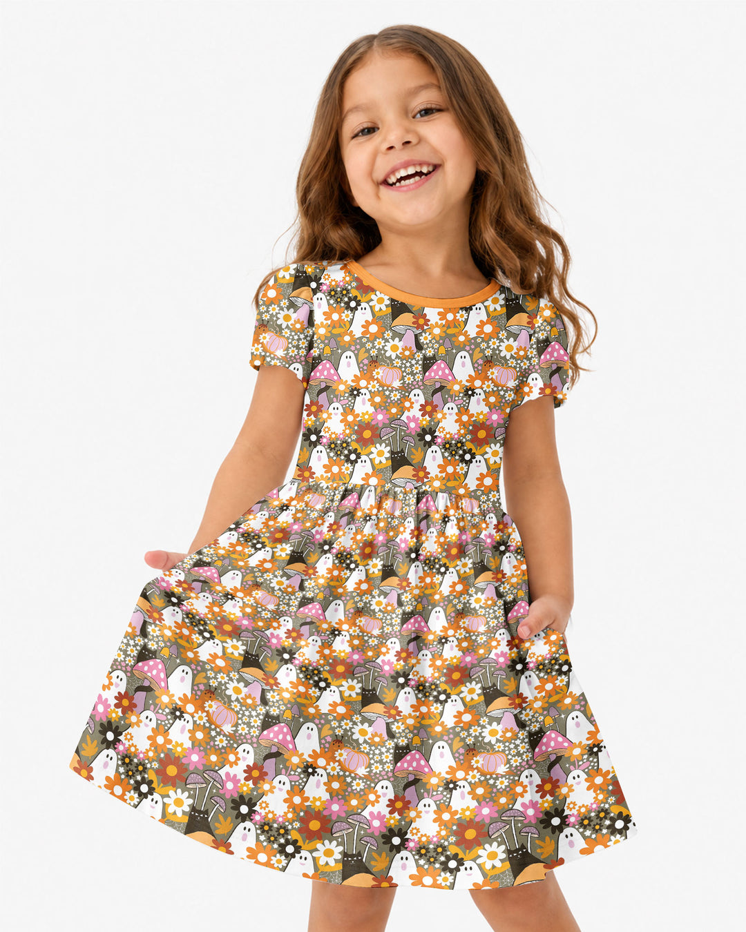 Retro Ghost Mushroom Floral Halloween Bamboo Twirl Dress