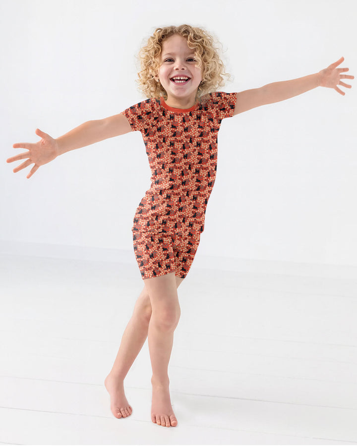 Black Cat Ditsy Bamboo Two Piece Short Sleeve Shorts Pajama Set