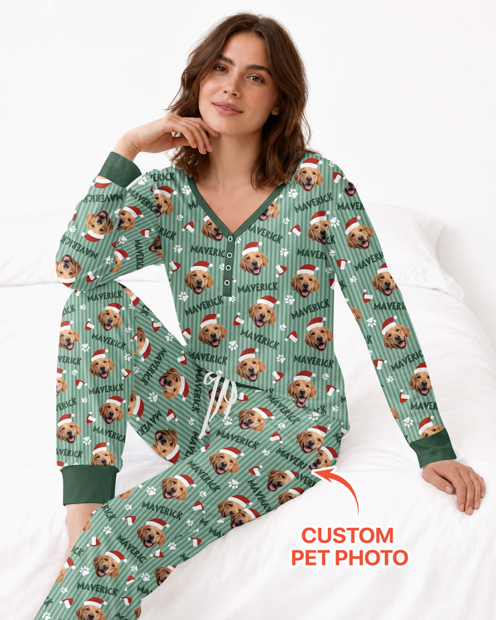 Custom Pet Photo Christmas Paws Stripe Bamboo Women Pajama Set