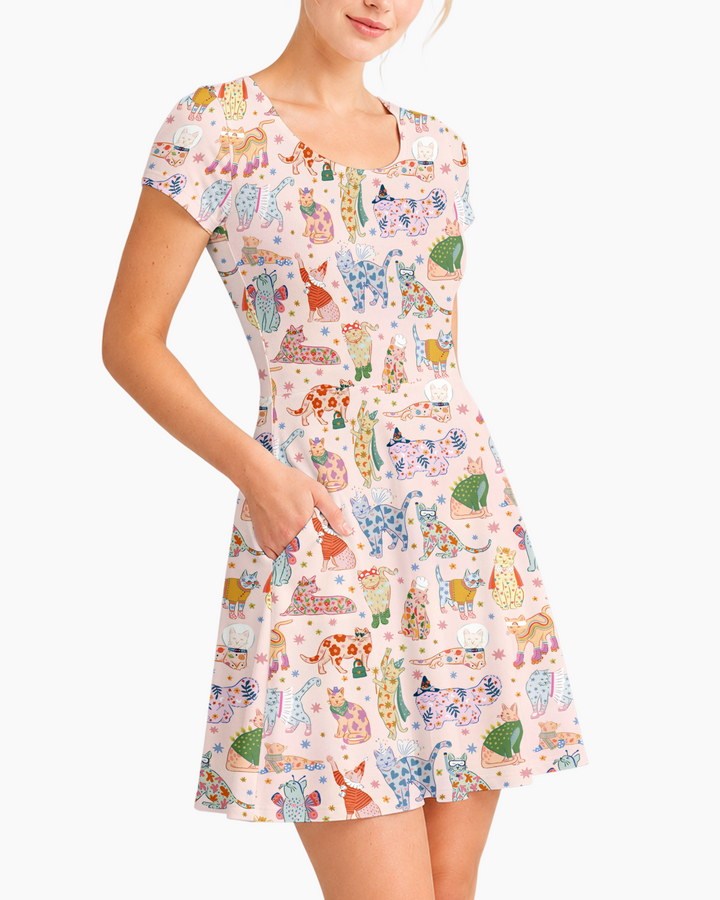 Whimsical Cat Parade Bamboo Women’s Short Sleeve Twirl Dress