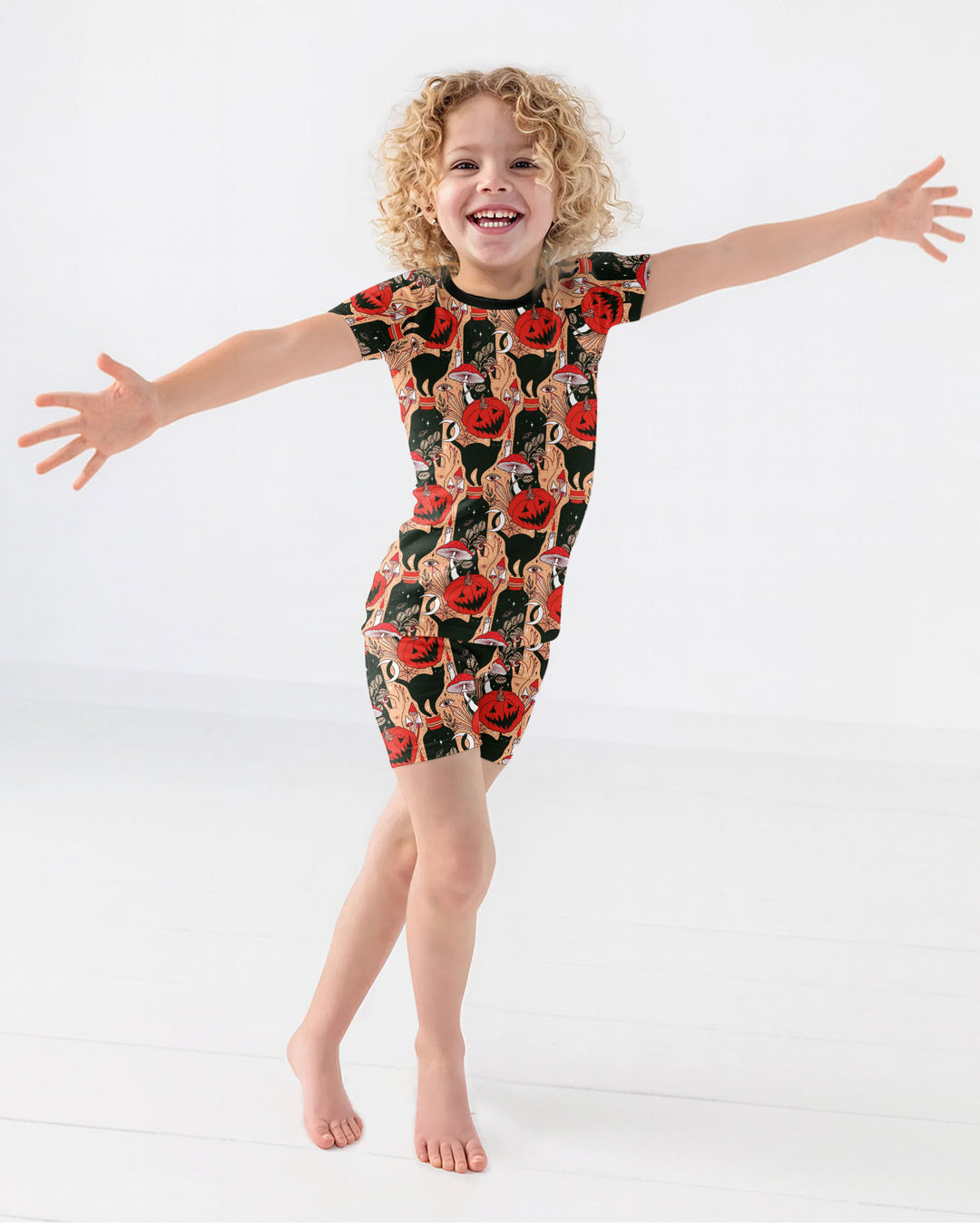 Black Cat And Pumpkin Halloween Bamboo Two Piece Short Sleeve Shorts Pajama Set