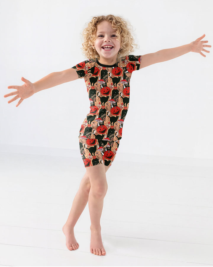 Black Cat And Pumpkin Halloween Bamboo Two Piece Short Sleeve Shorts Pajama Set