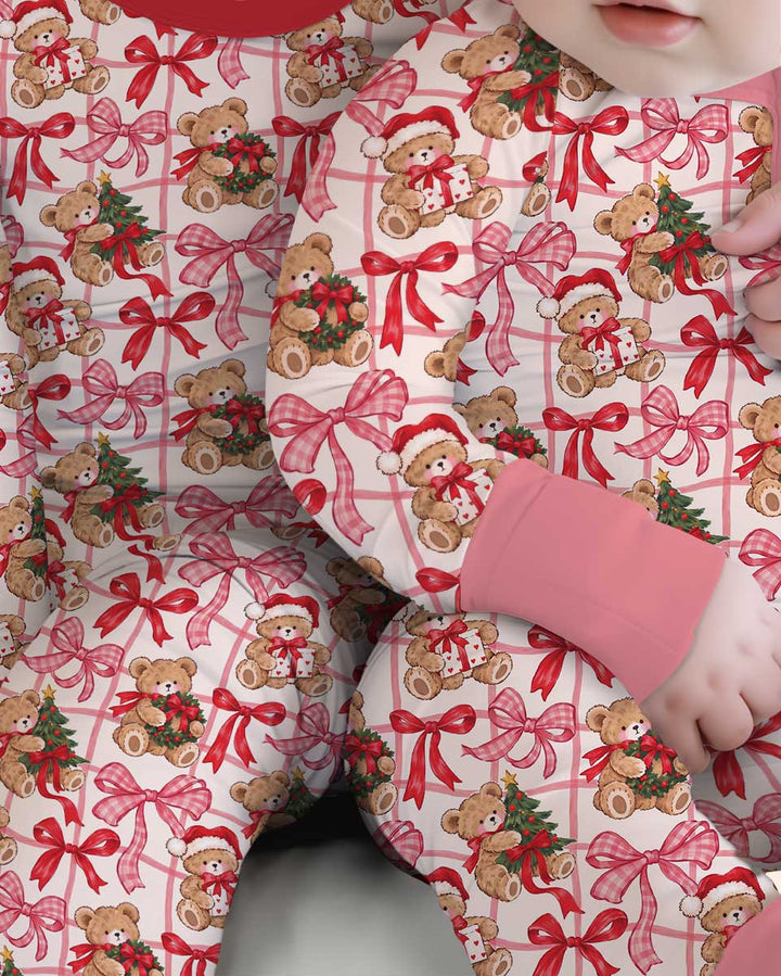 Pink Christmas Teddy Bear Plaid Mommy & Me Matching Bamboo Convertible Zippy