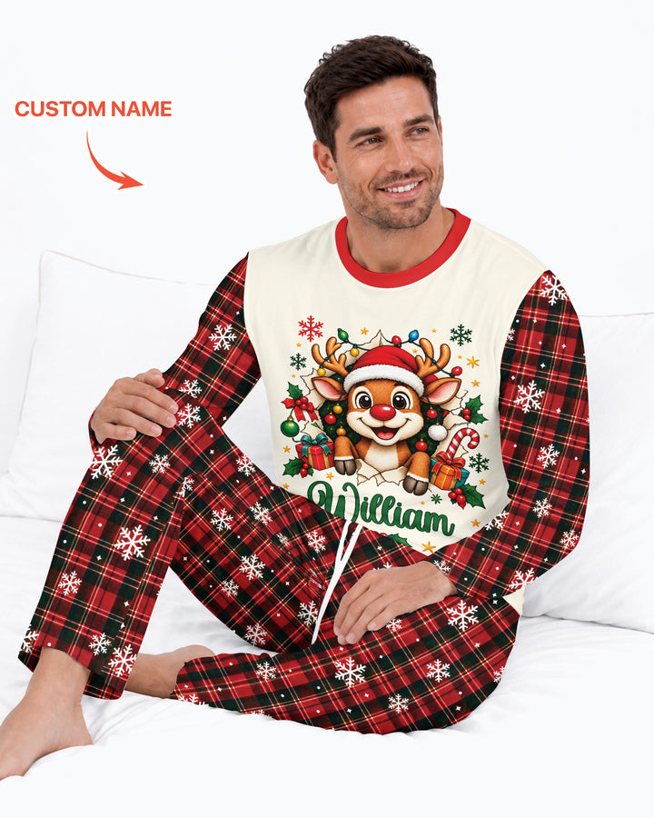 Cute Reindeer in Santa Hat Bamboo Men's Pajama Set