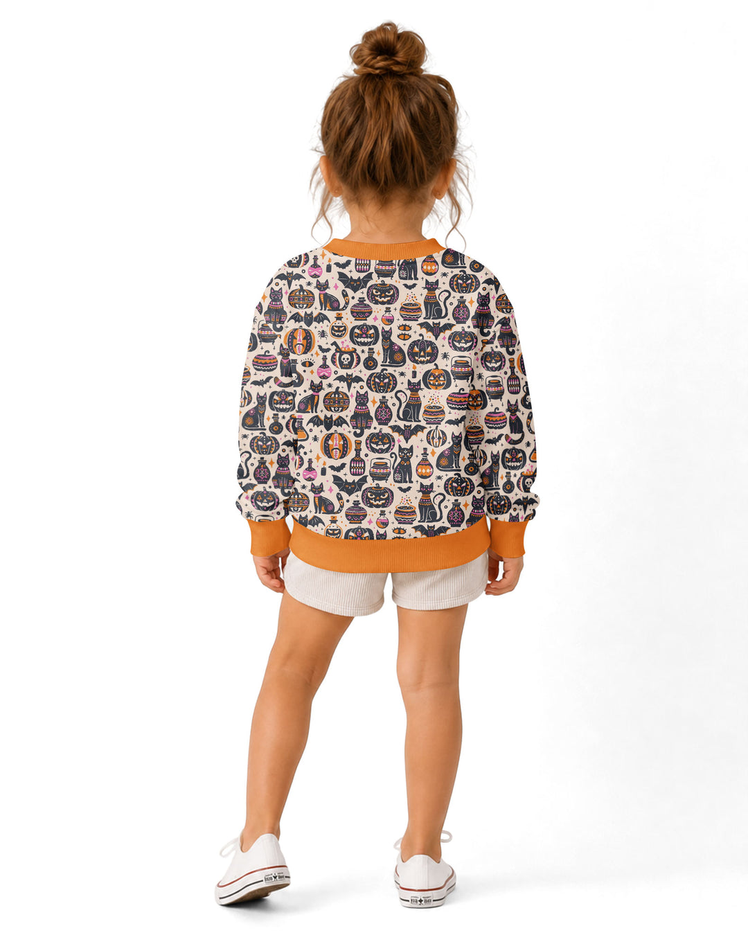 Whimsical Tribal Retro Halloween Black Cats Pumpkins Bamboo Crewneck Sweatshirt