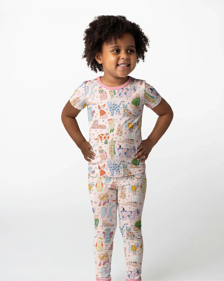 Whimsical Cat Parade Two Piece Short Sleeve Pajama Set
