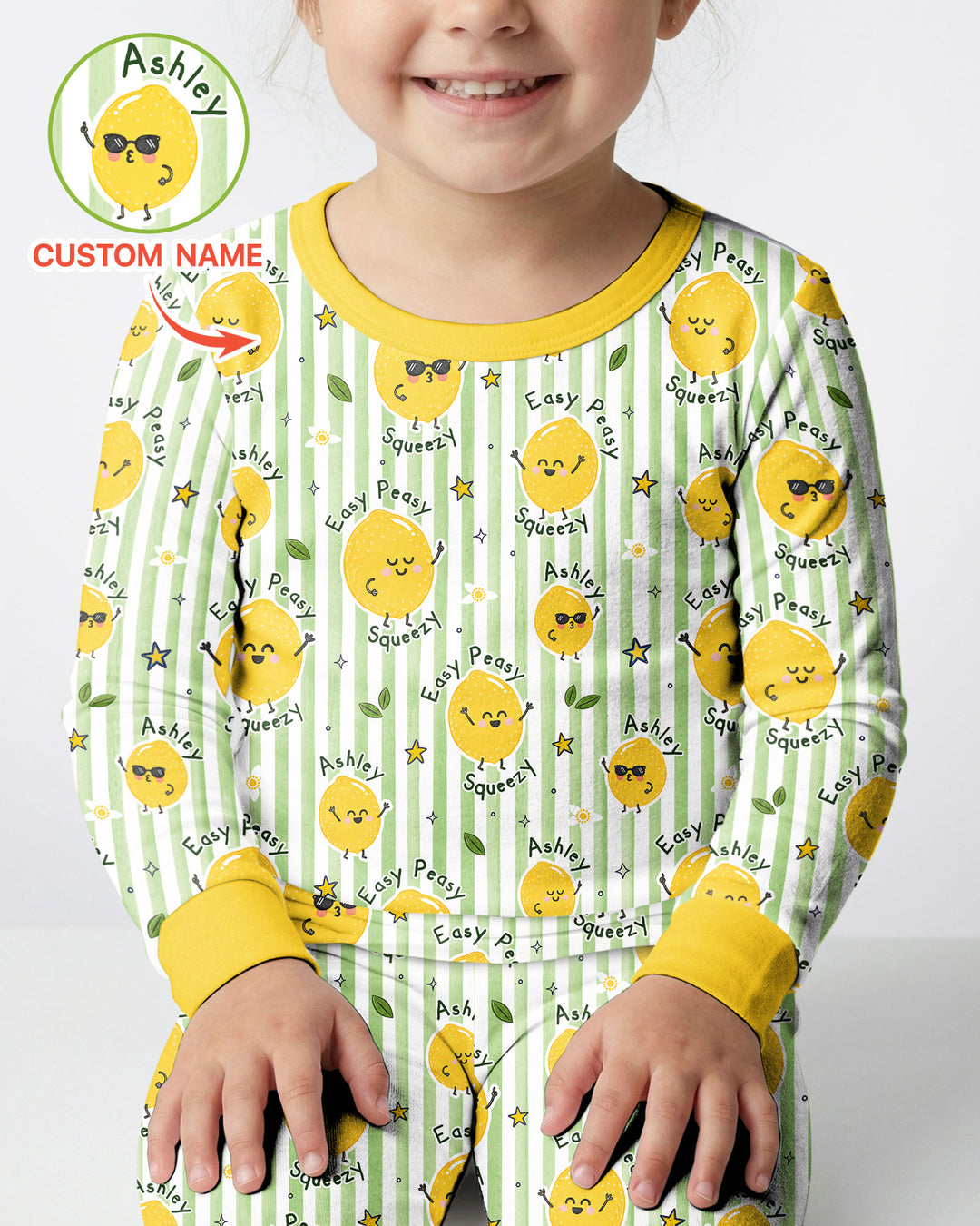 Easy Peasy Lemon Squeezy Custom Name Bamboo Two Piece Long Sleeve Pajama Set