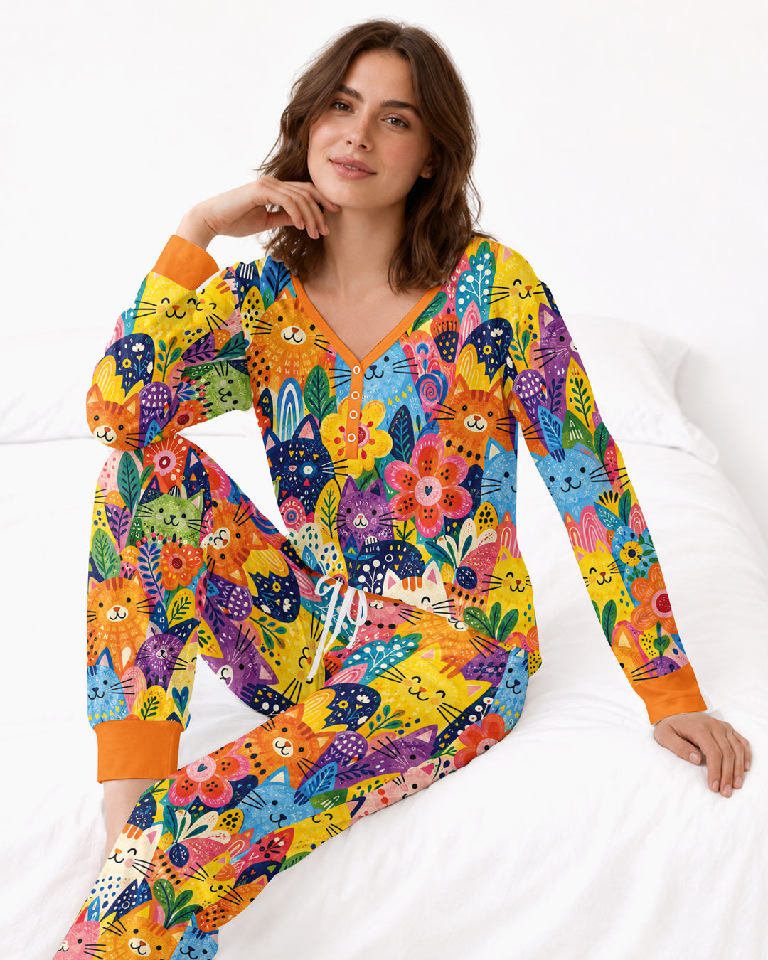 Colorful Lovely Cat Bamboo Women Pajama Set