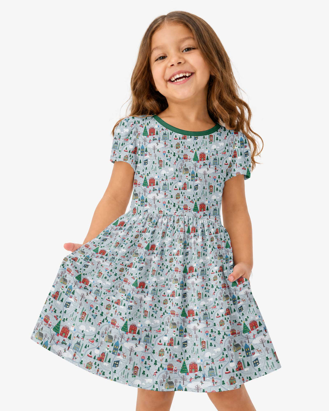 Snowy Christmas Village Map Bamboo Twirl Dress