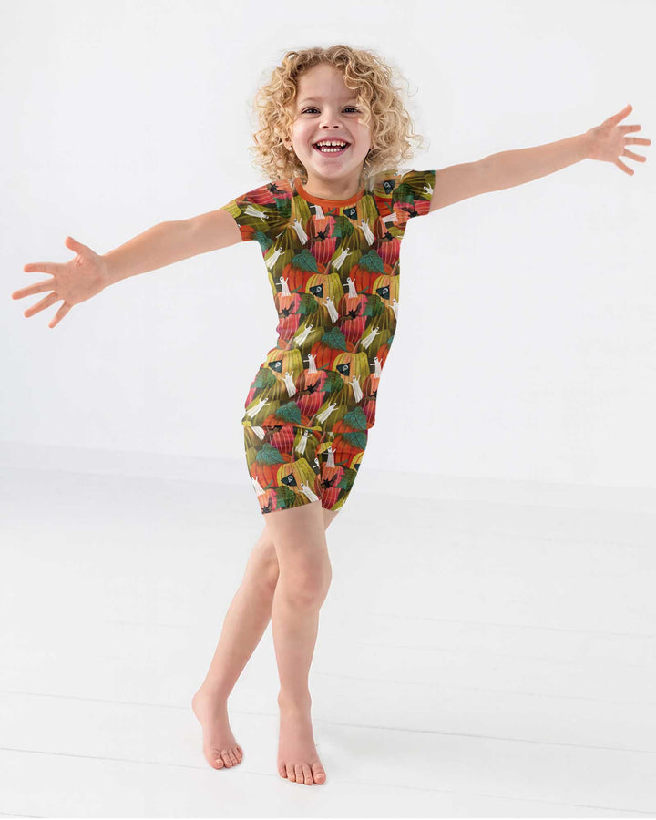 Big Pumpkin Field With Ghosts Bamboo Two Piece Short Sleeve Shorts Pajama Set