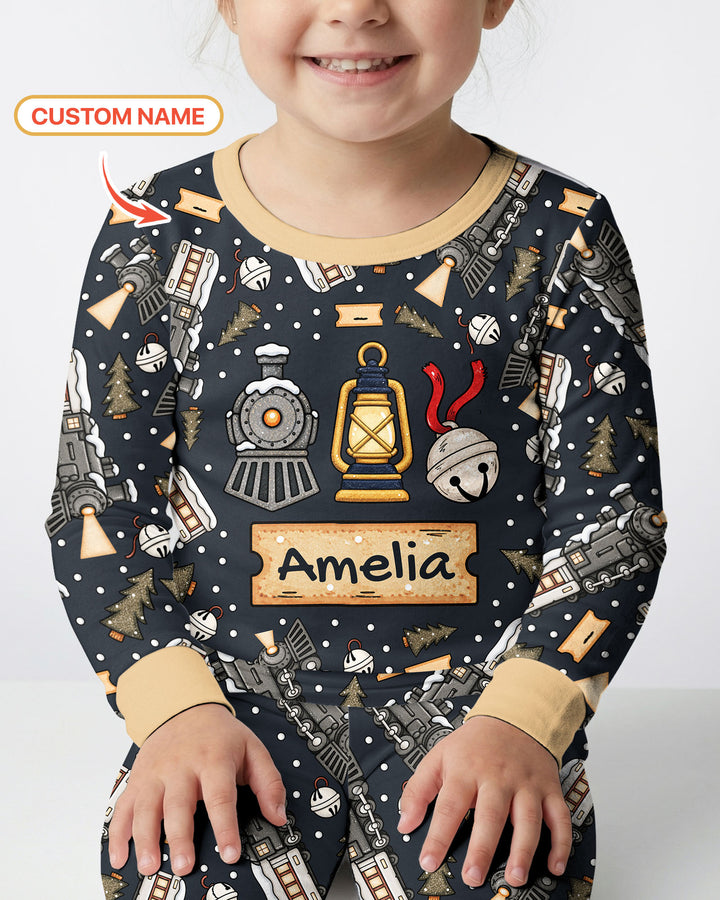 Custom Name Believe Kid Train Bamboo Two Piece Long Sleeve Pajama Set