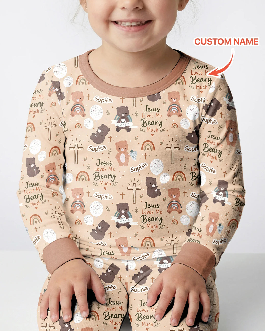 Custom Name Jesus Loves Me Beary Much Bamboo Two Piece Long Sleeve Pajama Set