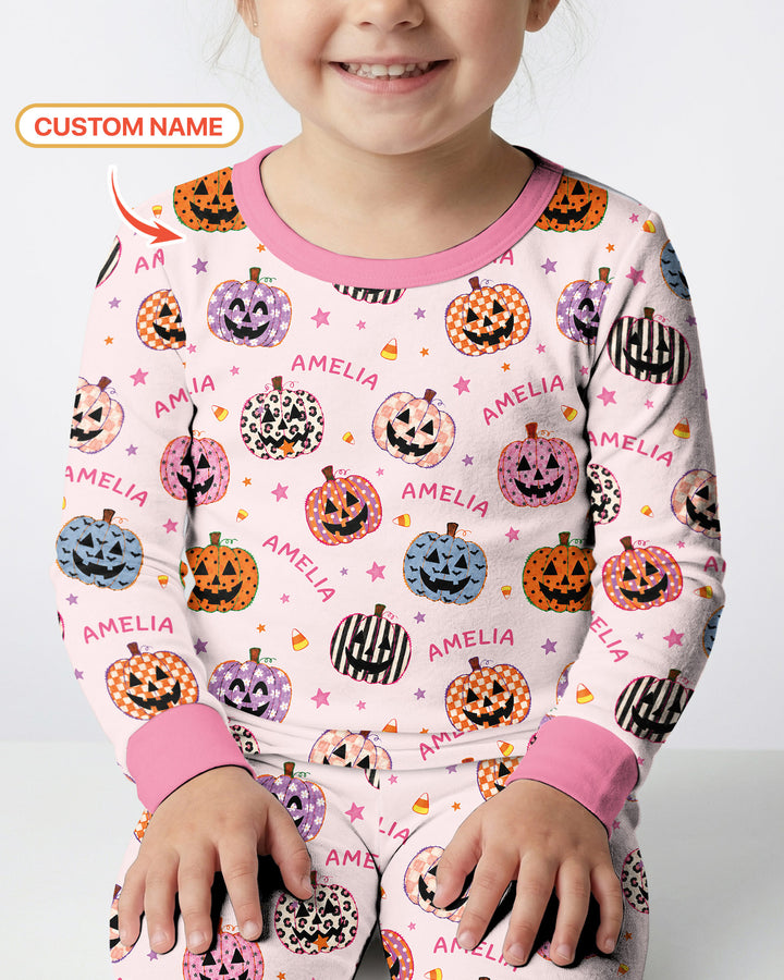Custom Name Colorful Jack O Lantern Bamboo Two Piece Long Sleeve Pajama Set
