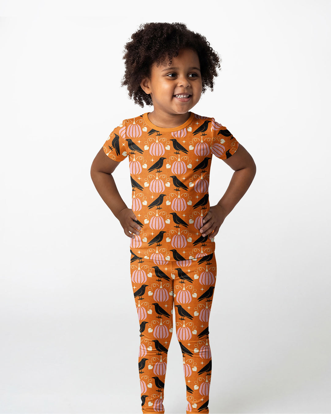 Ravens in a Pumpkin Patch - Orange Pink Bamboo Two Piece Short Sleeve Pajama Set