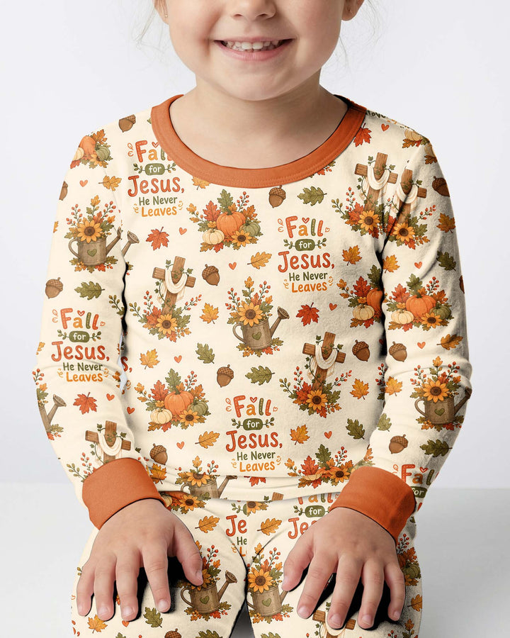 Fall For Jesus He Never Leaves Bamboo Two Piece Long Sleeve Pajama Set