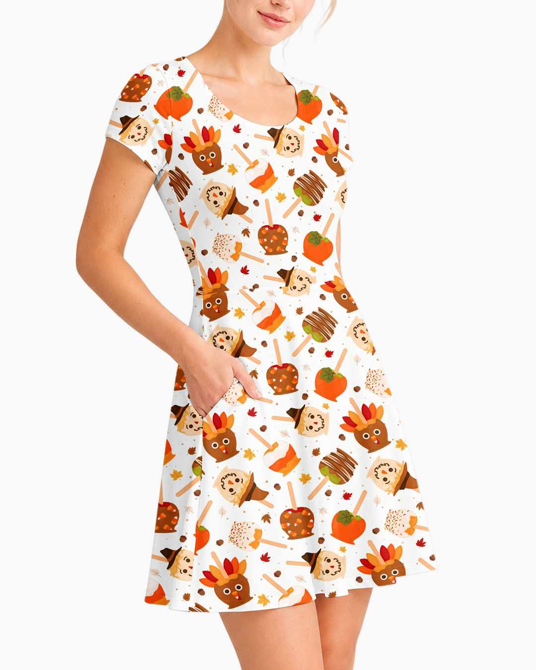 Fall Caramel Apple Family Matching Bamboo Women’s Short Sleeve Twirl Dress