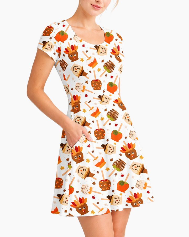 Fall Caramel Apple Family Matching Bamboo Women’s Short Sleeve Twirl Dress