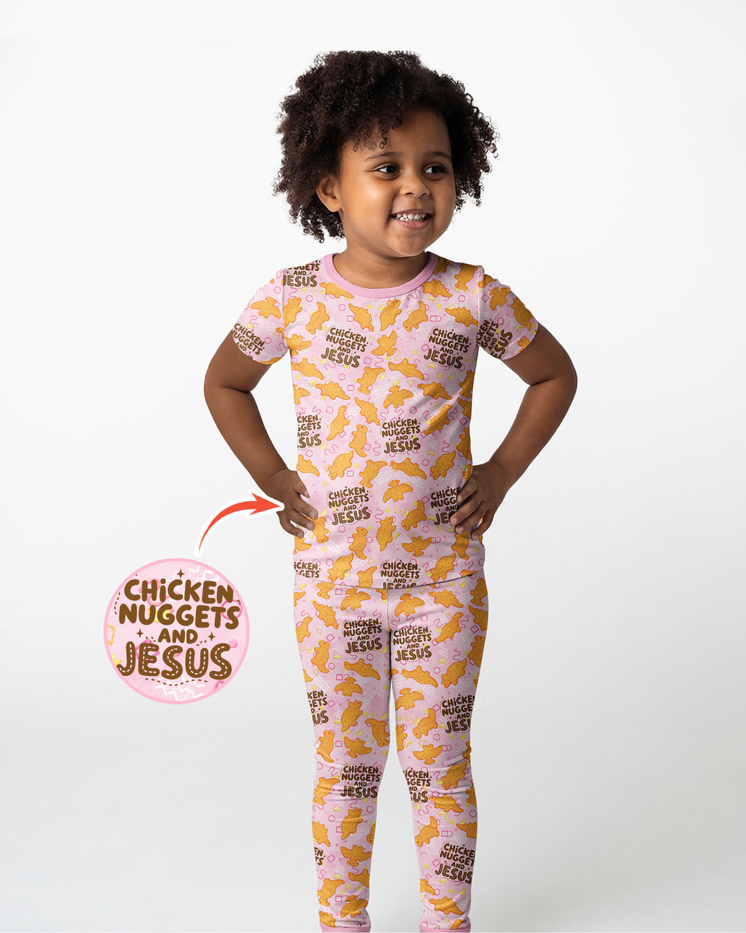 Chicken Nuggets and Jesus Family MatchingBamboo Two Piece Short Sleeve Pajama Set