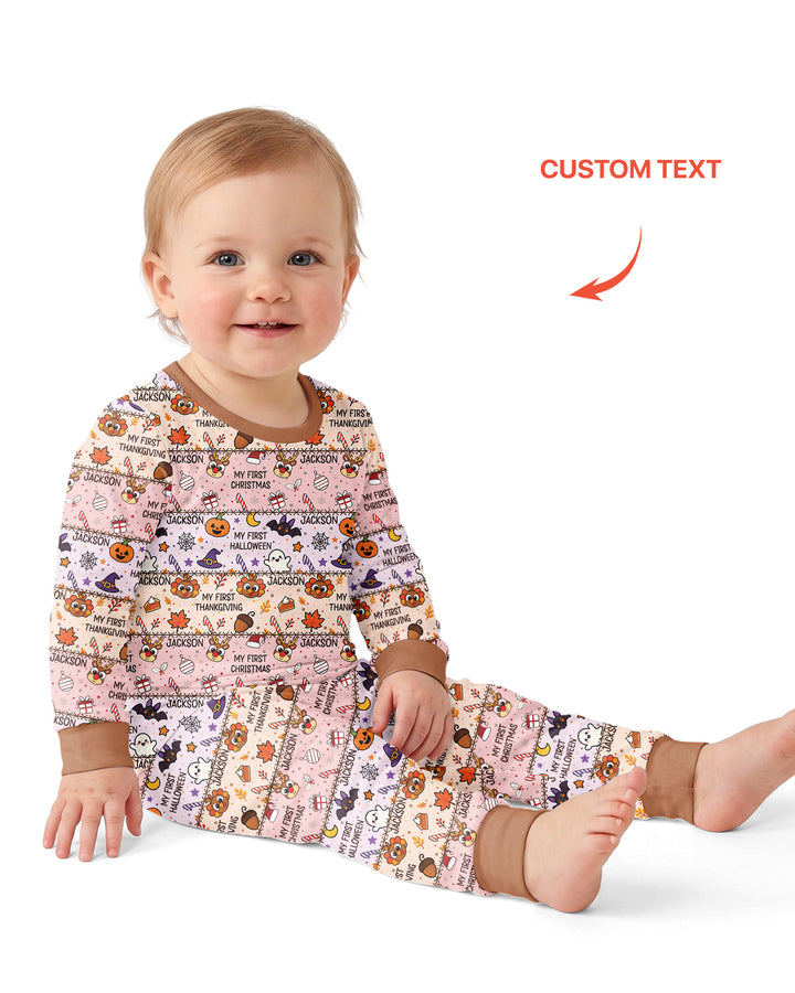 Custom Name My First Hallothanksmas Bamboo Two Piece Long Sleeve Pajama Set