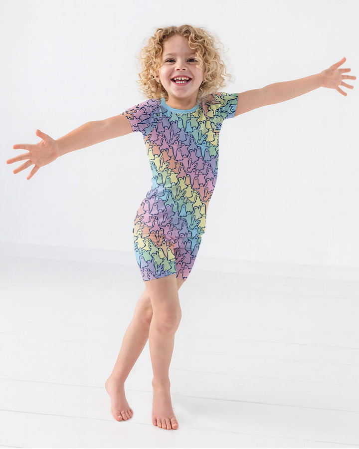 Pastel Rainbow Ghost Halloween Bamboo Two Piece Short Sleeve Shorts Pajama Set