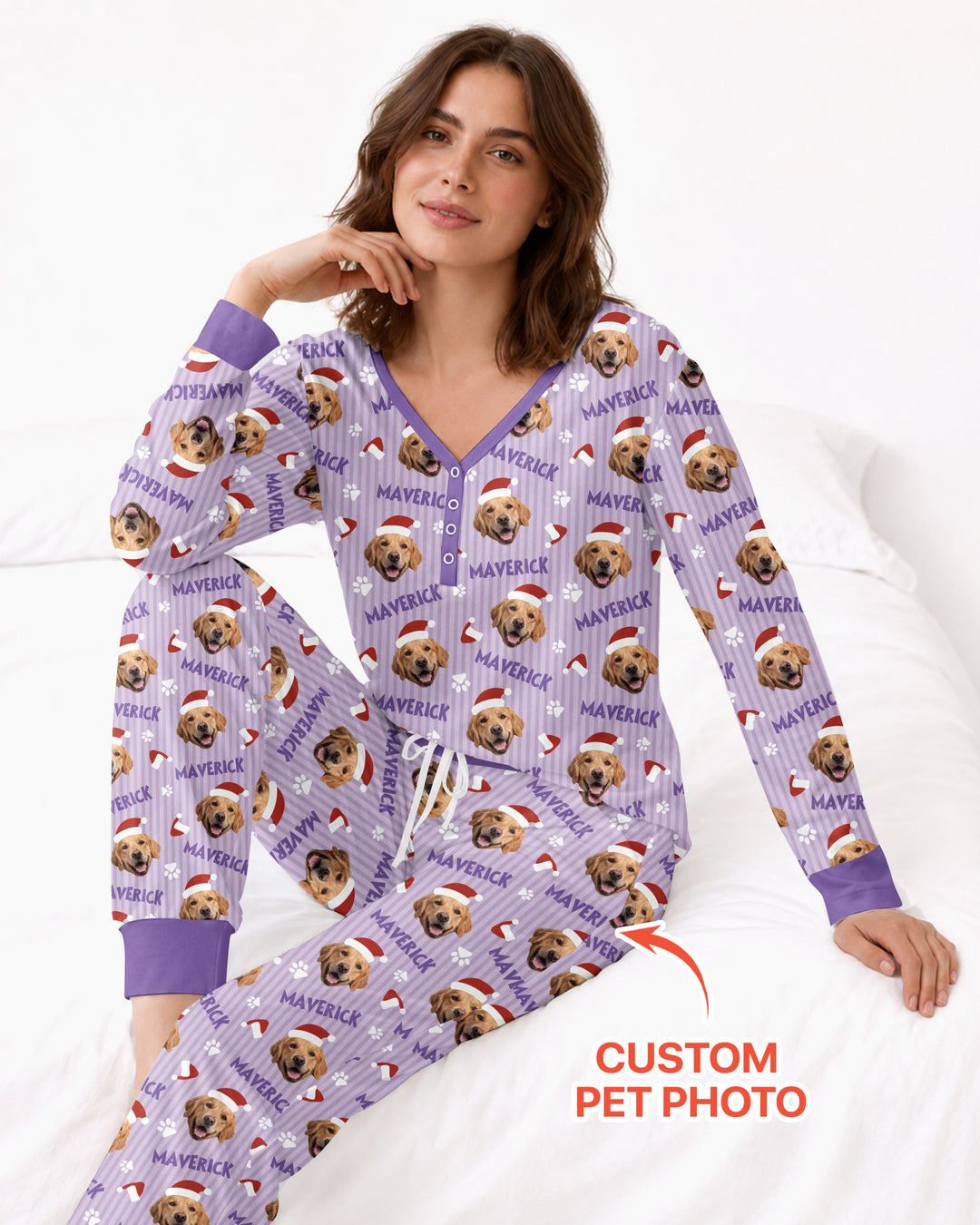 Custom Pet Photo Christmas Paws Stripe Bamboo Women Pajama Set