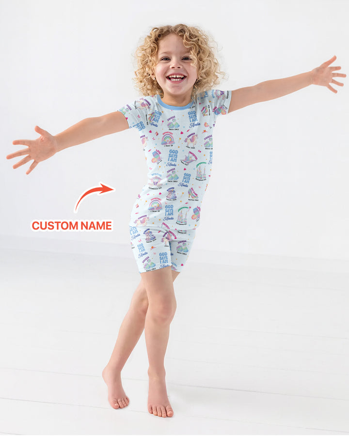 God Says I Am Custom Name - Dreamy Princess Bamboo Two Piece Short Sleeve Pajama Set