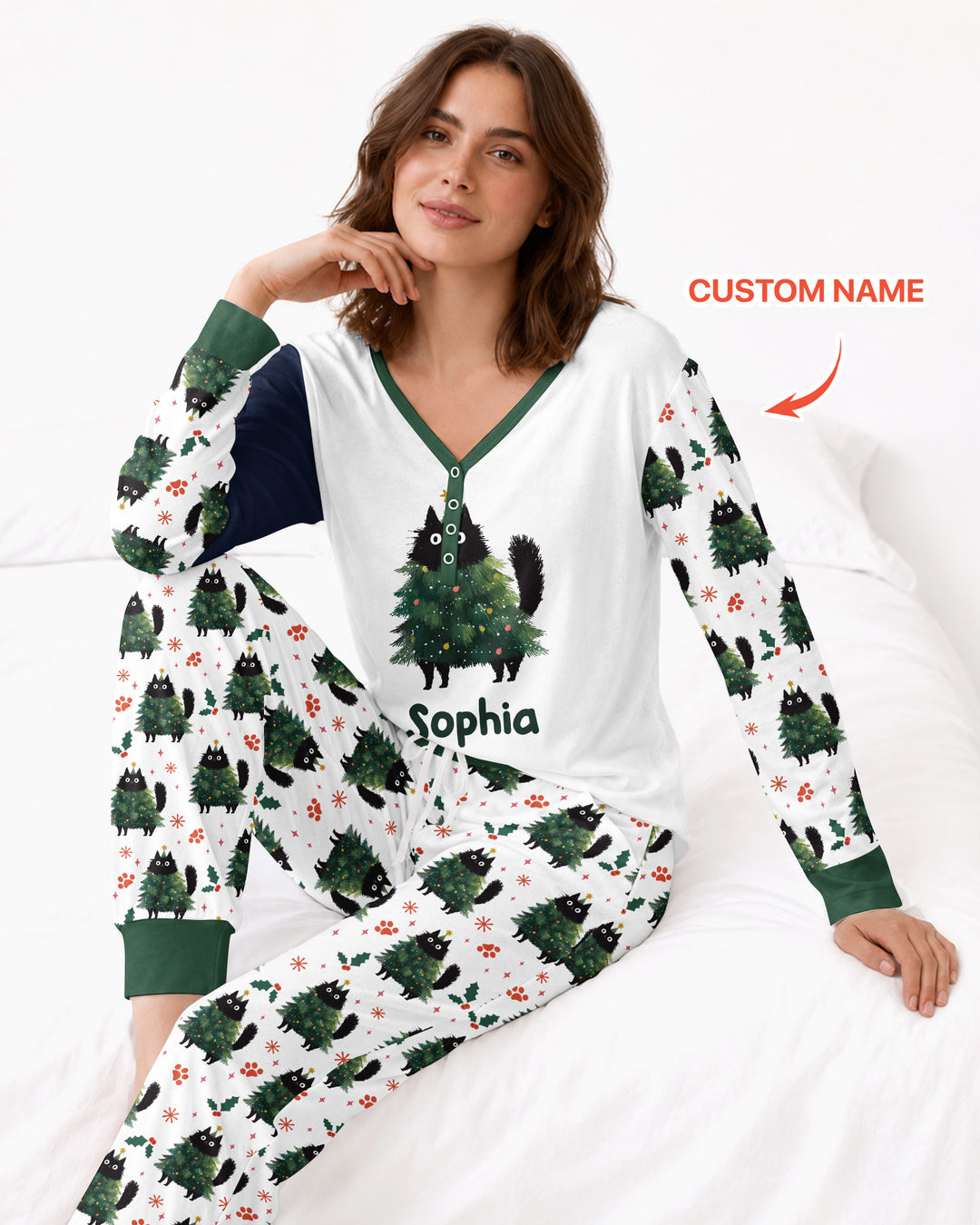 Custom Name Black Cat Christmas Bamboo Women Pajama Set