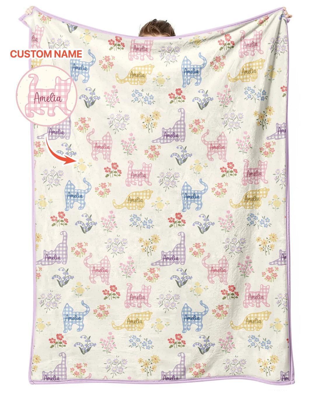 Gingham Cats Custom Name Bamboo Blanket