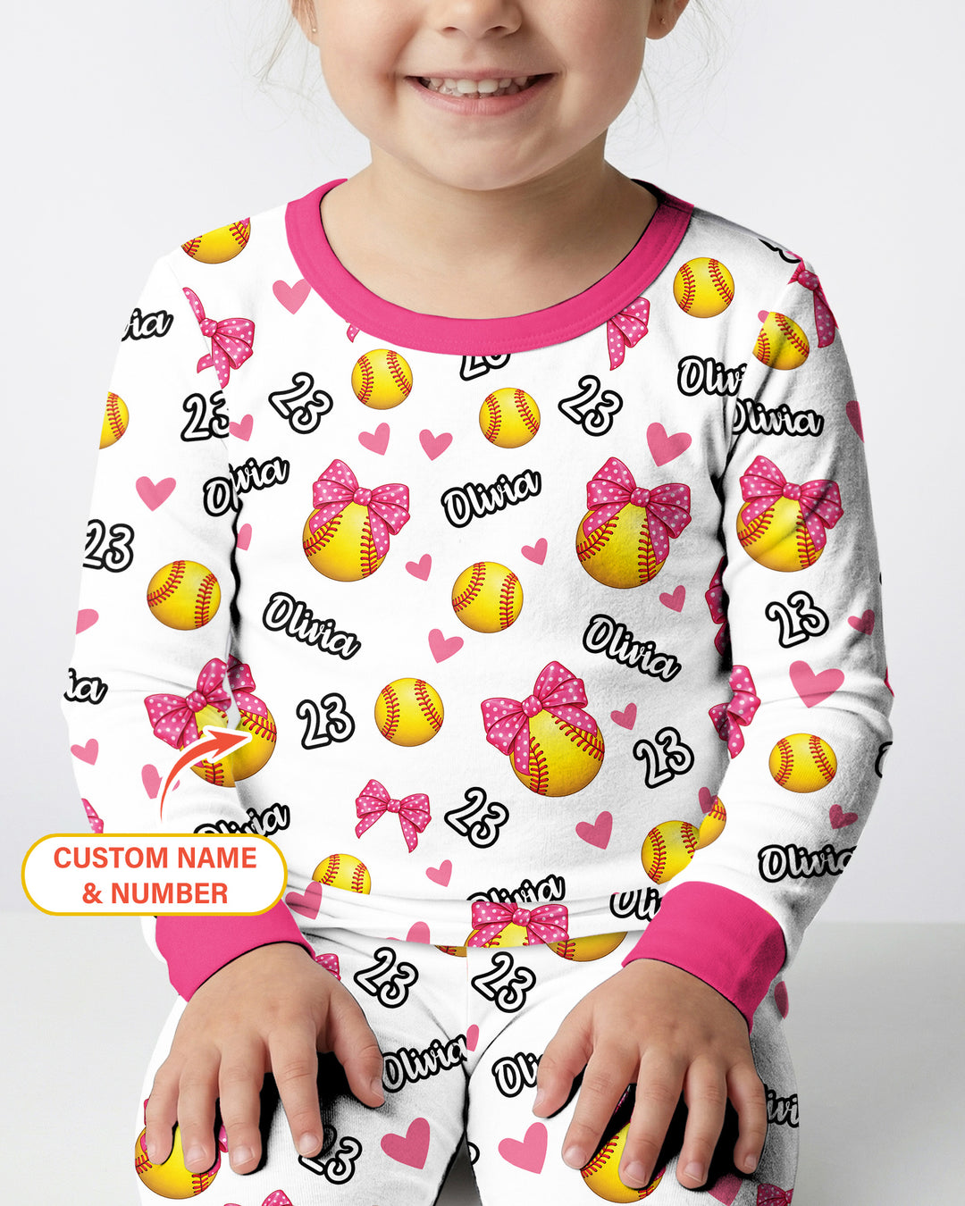 Coquette Ball Custom Name And Number Bamboo Two Piece Long Sleeve Pajama Set