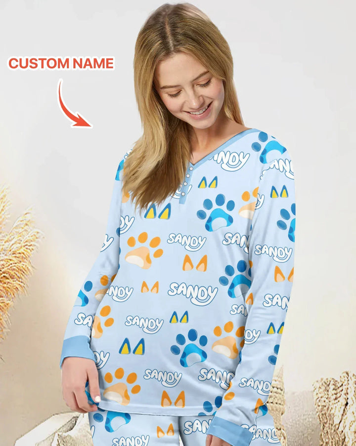 Benutzerdefinierter Name Lieblings-blaue Hunde-Familien-Pyjama-Set aus Bambus für Damen