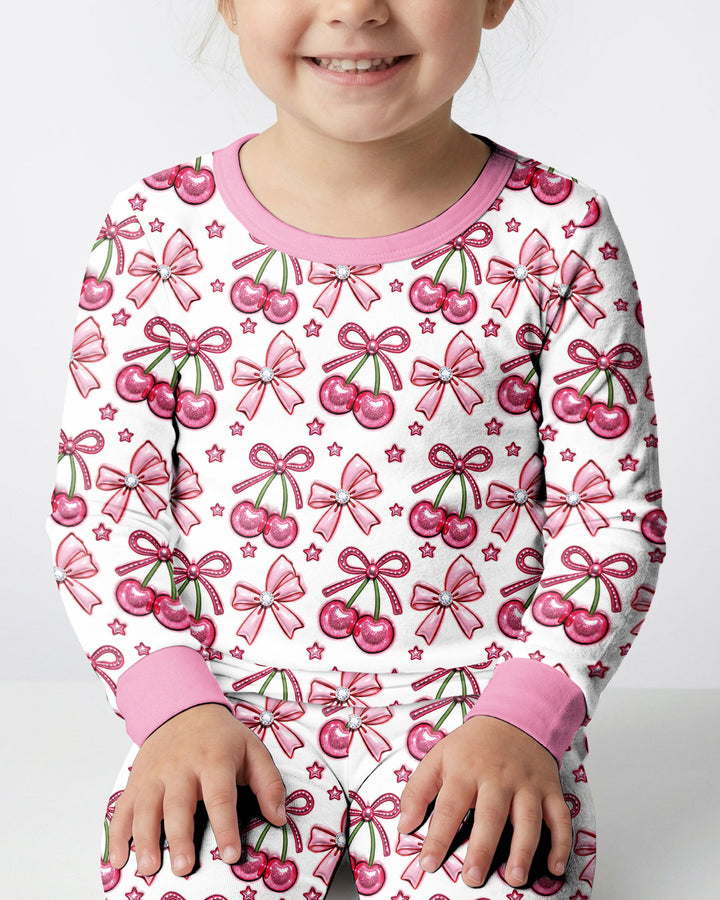 Pink Glitter Cherry Bows Bamboo Two Piece Long Sleeve Pajama Set
