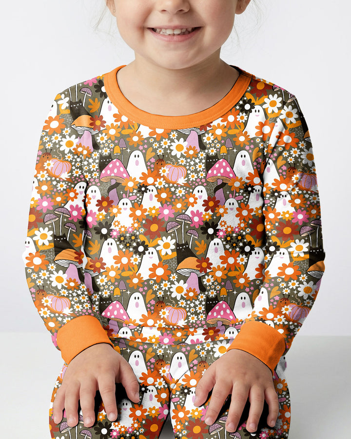Retro Ghost Mushroom Floral Halloween Bamboo Two Piece Long Sleeve Pajama Set