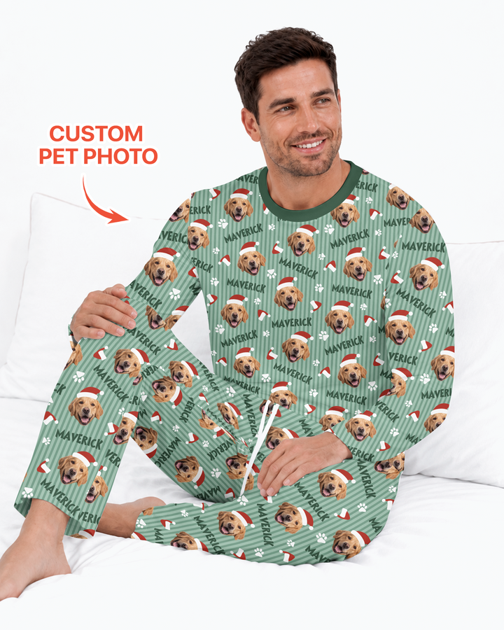 Custom Pet Photo Christmas Paws Stripe Bamboo Men's Pajama Set