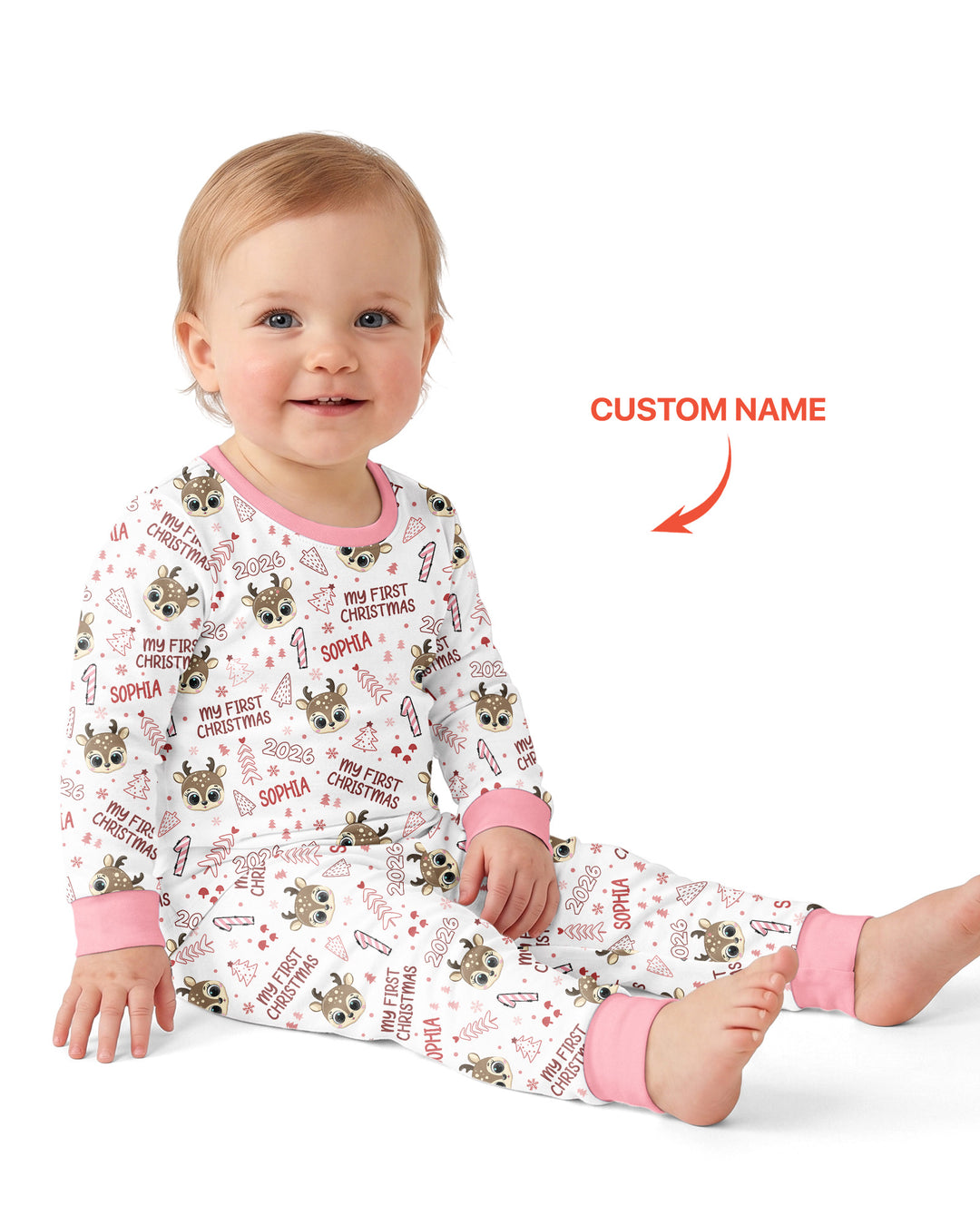Custom Name Cute Reindeer My First Christmas Bamboo Two Piece Long Sleeve Pajama Set