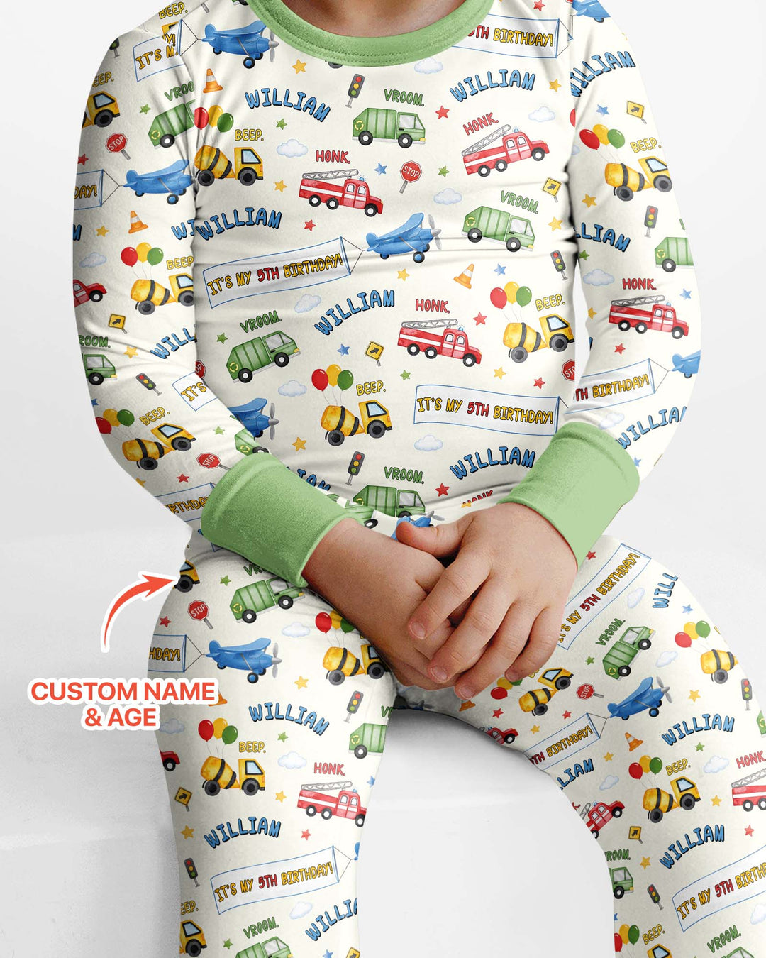 Personalized Transportation Birthday Bamboo Two Piece Long Sleeve Pajama Set