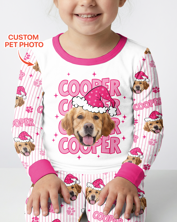 Personalized Pink Santa Dog Bamboo Two Piece Long Sleeve Pajama Set