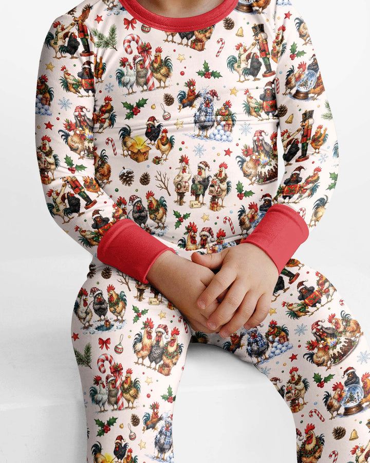 Funny Roosters On Christmas Bamboo Two Piece Long Sleeve Pajama Set