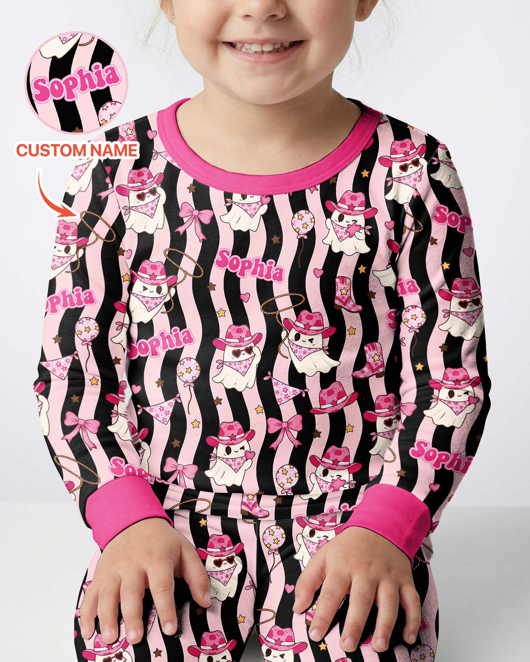 Pink Cowgirl Ghost Halloween Bamboo Two Piece Long Sleeve Pajama Set