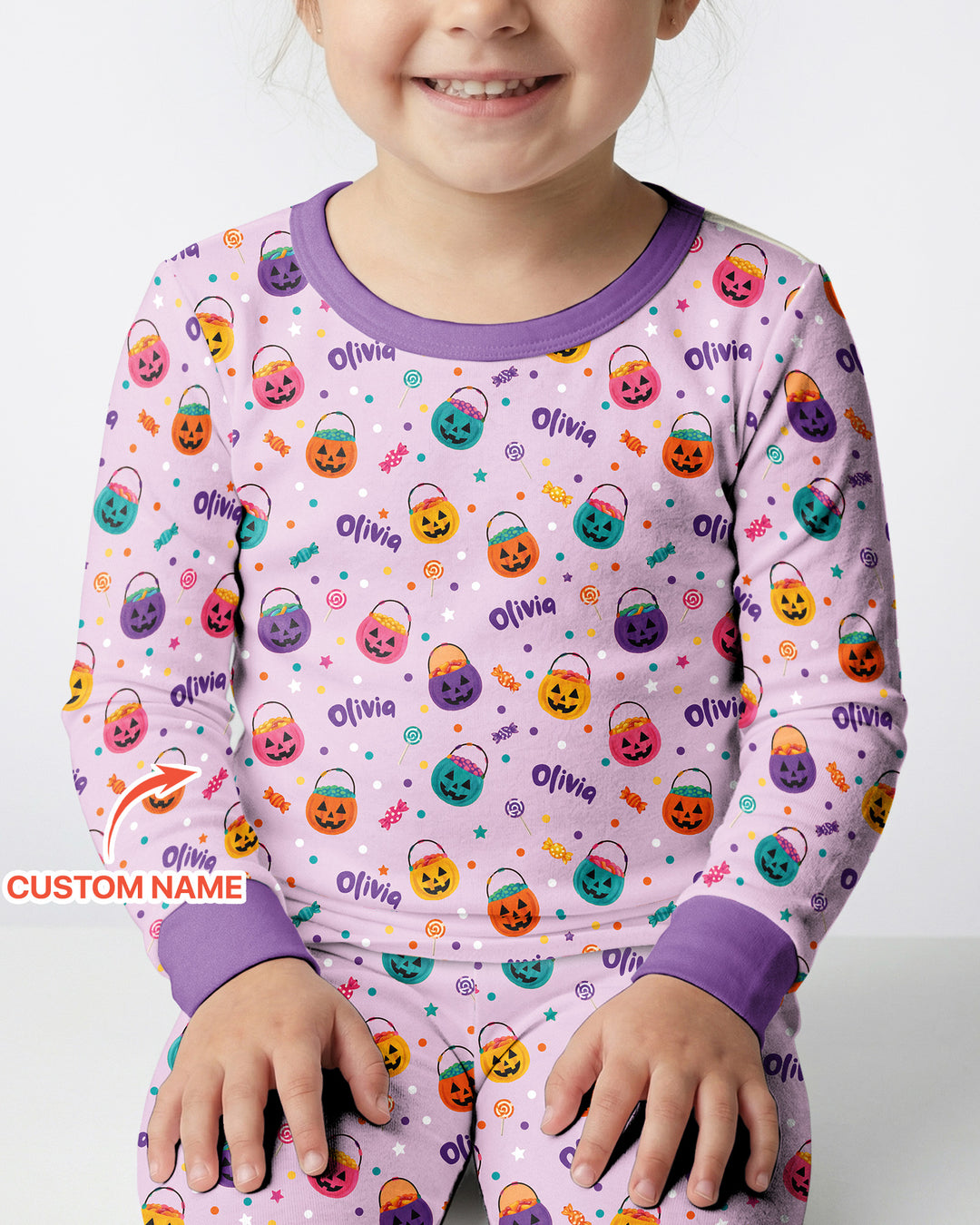 Custom Colorful Trick Or Treat Halloween Candy Bag Bamboo Two Piece Long Sleeve Pajama Set