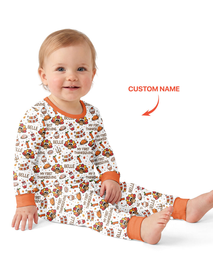 Custom Name Doodle Turkey My First Thanksgiving Bamboo Two Piece Long Sleeve Pajama Set
