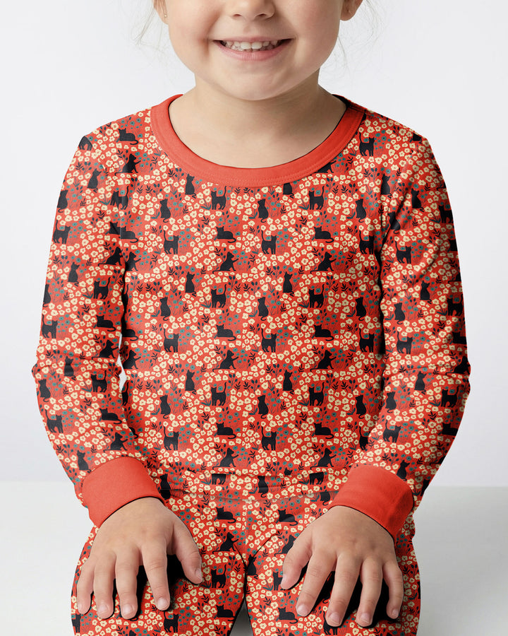 Black Cat Ditsy Bamboo Two Piece Long Sleeve Pajama Set