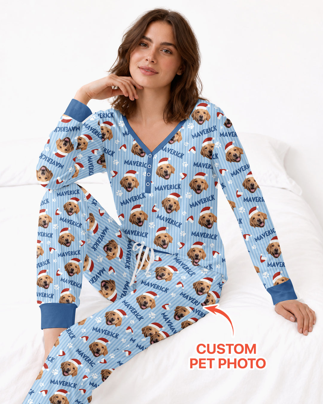 Custom Pet Photo Christmas Paws Stripe Bamboo Women Pajama Set