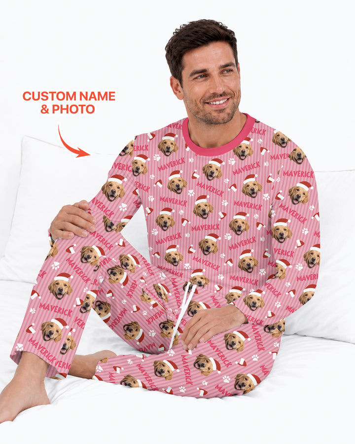 Custom Pet Photo Christmas Paws Stripe Bamboo Men's Pajama Set