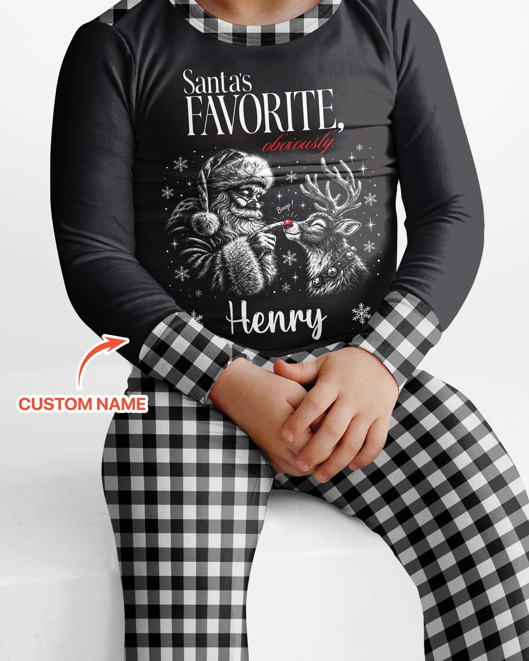 Custom Name Santa's Favorite Buffalo Plaid Bamboo Two Piece Long Sleeve Pajama Set
