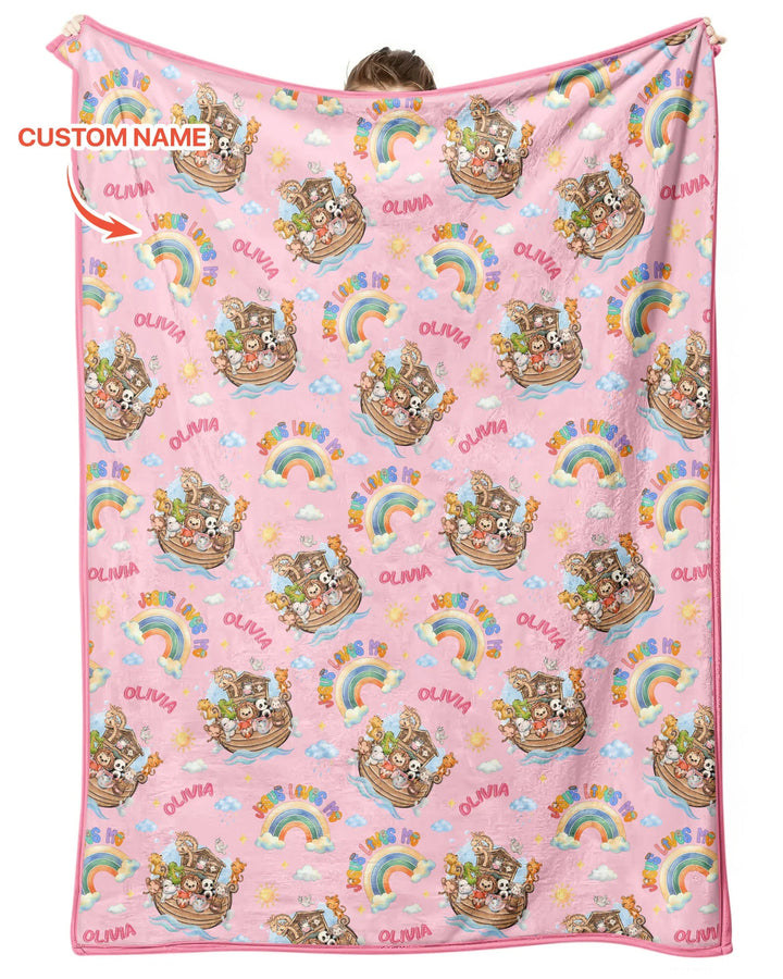 Custom Name Jesus Loves Me Noah's Ark Bamboo Blanket