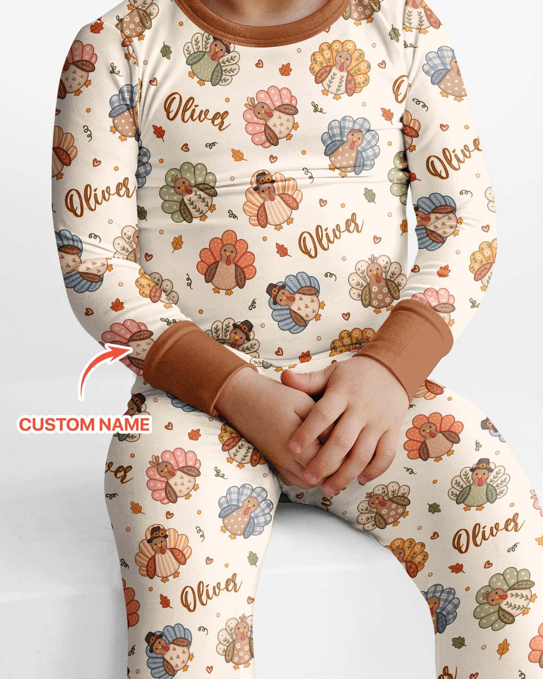 Custom Name Boho Turkey Bamboo Two Piece Long Sleeve Pajama Set