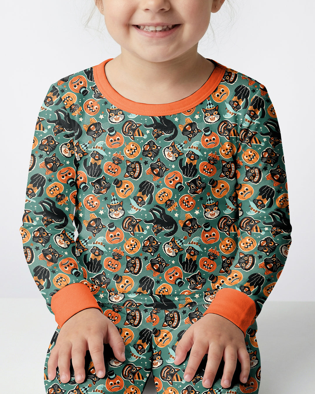 Retro Black Cat Witch Pumpkin Halloween Bamboo Two Piece Long Sleeve Pajama Set